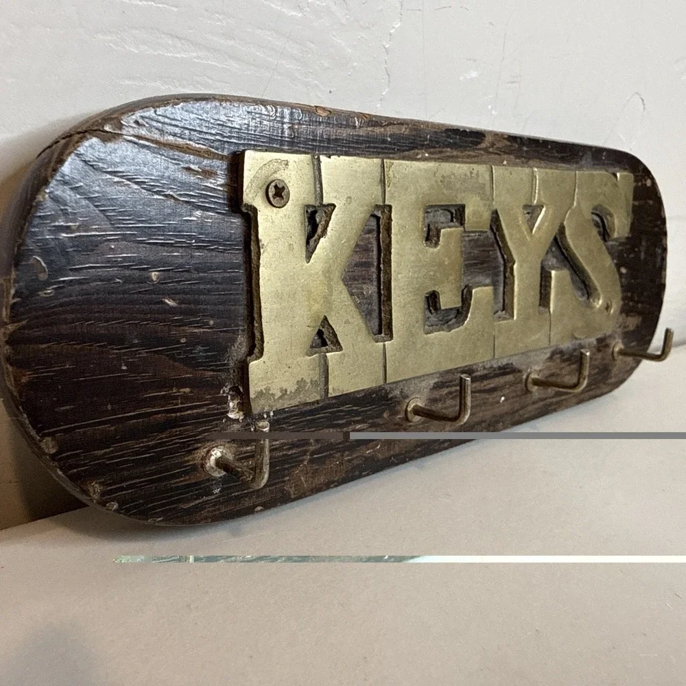 Vintage Wooden Brass Hook Wall Key Organizer 4 Brass Hooks MCM Rustic  Primitive